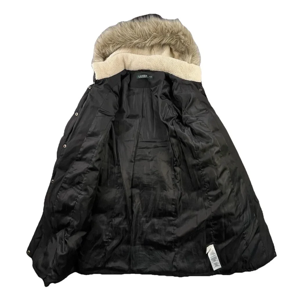 Lauren Ralph Lauren Down Puffer Coat Women's S Black Feather Removable Fur Hood